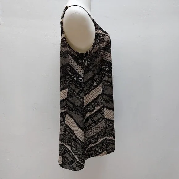 Cabi Lace Print Tank Top Women's Medium Black Tan Chevron Spaghetti Strap - Picture 2 of 8
